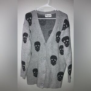 No Boundaries Gray Cardigan with Black Skull Pattern